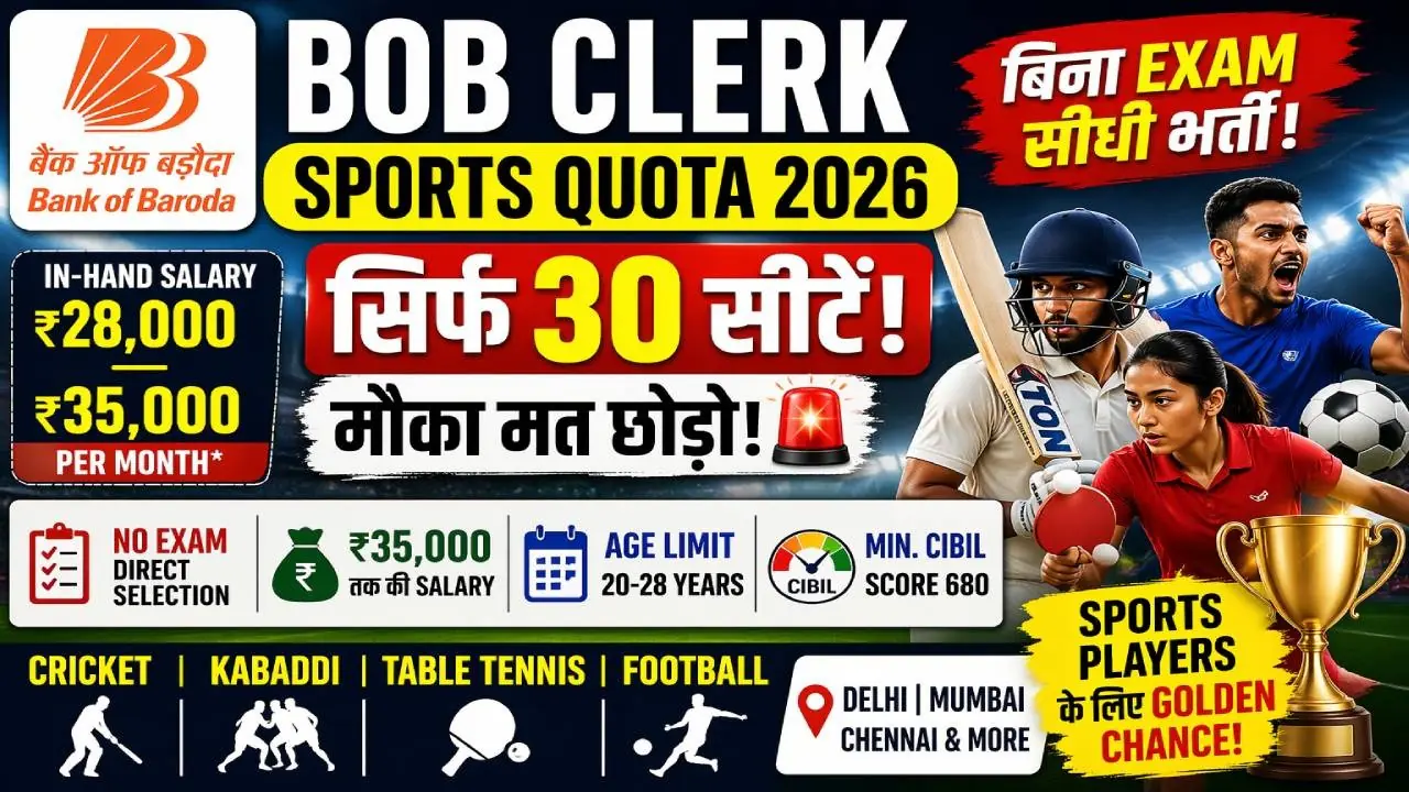 Bank of Baroda recruitment 2026, BOB sportsperson vacancy 2026, bank clerk sports quota, Bank of Baroda apply online, sports quota jobs 2026