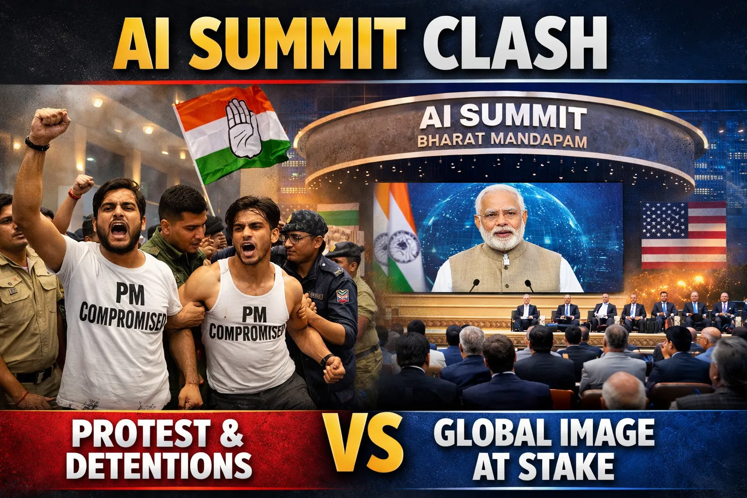 AI Summit India Bharat Mandapam Protest Congress vs BJP controversy Narendra Modi AI Summit Rahul Gandhi protest news Youth Congress demonstration India US Trade Deal controversy Delhi Police action at AI Summit