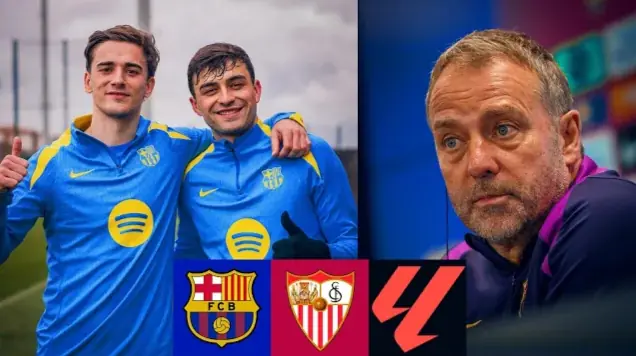 Two football players in blue jerseys celebrating with coach before Sevilla game.