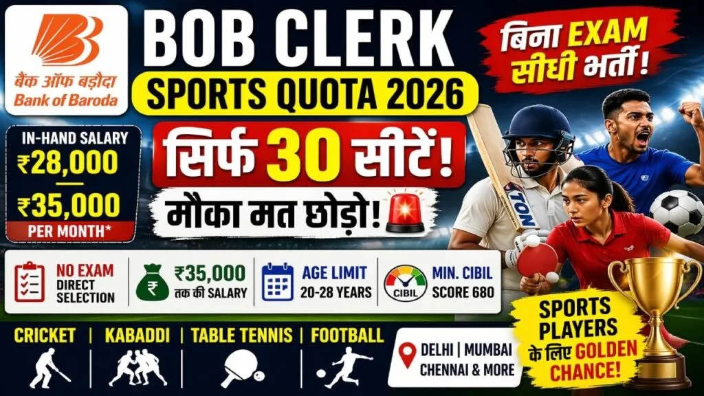 Bank of Baroda recruitment 2026, BOB sportsperson vacancy 2026, bank clerk sports quota, Bank of Baroda apply online, sports quota jobs 2026