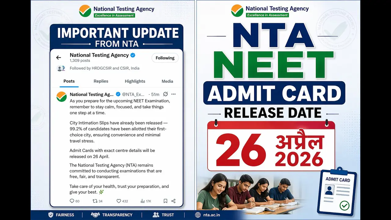 NEET UG Admit Card 2026, NEET hall ticket 2026, neet.nta.nic.in admit card, NEET exam date 2026, NTA NEET update