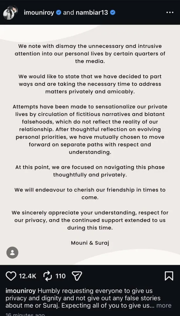 Mouni Roy separation, Mouni Roy Suraj Nambiar divorce, Mouni Roy official statement, Suraj Nambiar latest news, Mouni Roy Instagram statement, Bollywood celebrity separation, Mouni Roy relationship news, Suraj Nambiar Instagram, Mouni Roy breakup news, celebrity divorce news